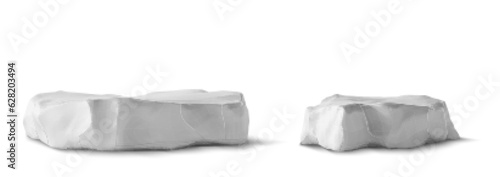 3d stone base podium isolated on white background. Product display pedestal for award presentation on nature shape. Museum showroom with realistic organic abstract rough grey rock element set.