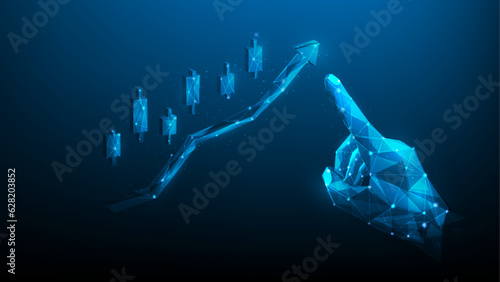 business hand chart graph growth. stock investment chart digital low poly blue background. vector illustration fantastic technology design.