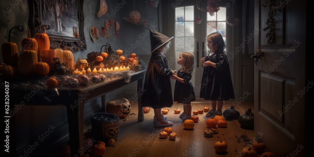 Halloween Children Dressing Up, Standing in Front of a Closed House Door with Sweets, Embracing the Mysterious Halloween Ambiance in Dark Blue and Black, Lit by Candlelight and Playful Expressio Halloween Children Dressing Up, Standing in Front of a Closed House Door with Sweets, Embracing the Mysterious Halloween Ambiance in Dark Blue and Black, Lit by Candlelight and Playful Expressio