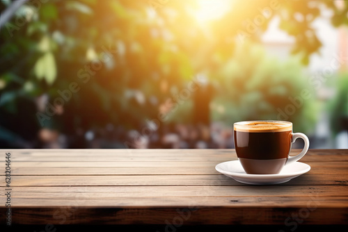 hot coffee in mug with cream on rustic wooden table with copy space