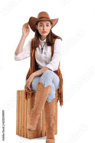 Beautiful cowgirl sitting o...