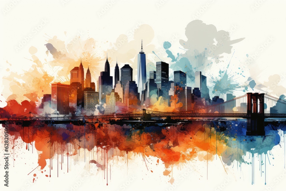 Obraz premium Beautiful colorful night New York. Brooklyn Bridge, watercolor.