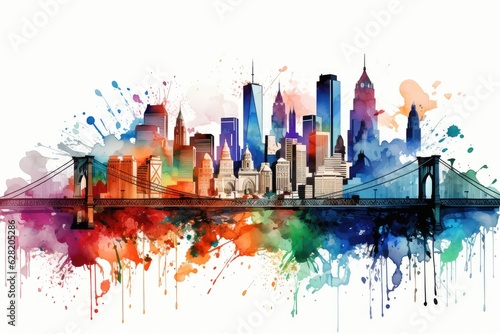 Beautiful colorful night New York. Brooklyn Bridge, watercolor.