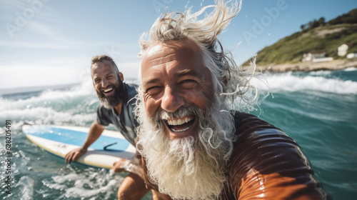 senior man on vacation. surfing and smiling. sea and sun background.  © banthita166