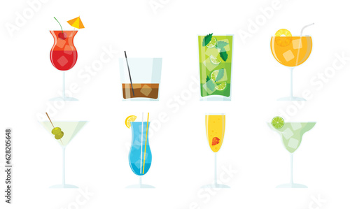 Set of vector summer cocktails on white. Collection of alcoholic drinks in different types of glasses. Mojito, martini, margarita, daiquiri, whiskey.