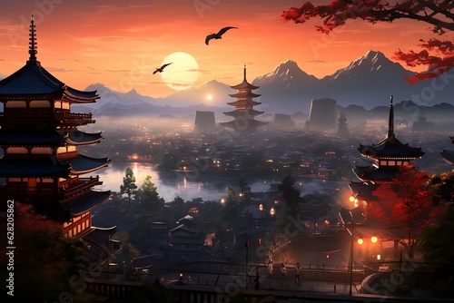 a painting of a city skyline with a pagoda in the foreground