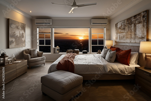 Striking and atmospheric with the setting sun shining through the white walls and bright, simple, stylish and comfortable home bedroom. Generative AI