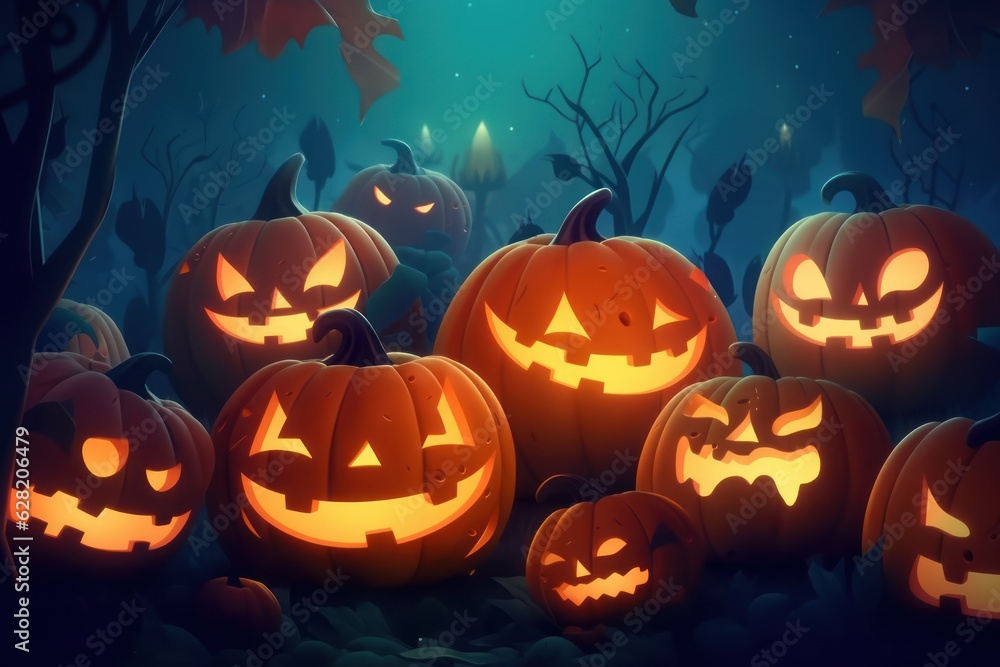 Halloween Pumpkins in a cemetery on a spooky night. Halloween background. Generative AI Halloween Pumpkins in a cemetery on a spooky night. Halloween background. Generative AI
