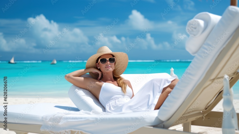 woman relaxing on the beach. smile of woman on vacation.  sand ocean smiling beach sunbed lying down. 