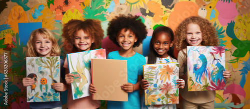 Joyful Inspiring Children Showcasing Their Artwork The Spirit of Creativity and Learning in School Art Project With Group of Friends - Generative AI 