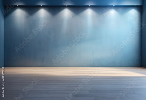 Blue empty wall and wooden floor with interesting light glare © Zahfran