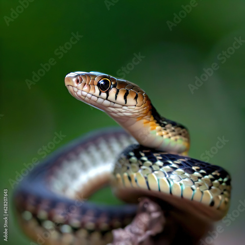 An Eastern Garter Snake basks in the sun, showcasing its vibrant stripes and calm demeanor