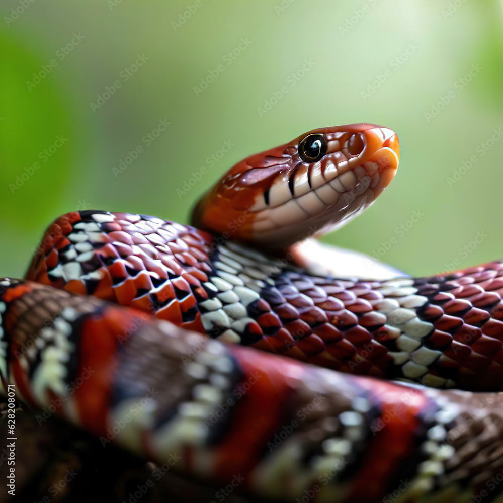A close-up of the Red Milk Snake showcases its striking and vibrant colors A close-up of the Red Milk Snake showcases its striking and vibrant colors