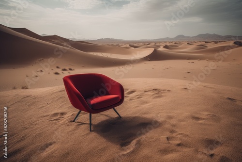 A red soft chair in the desert. Creative background.
