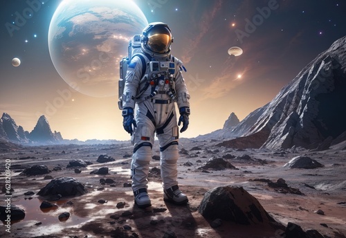 Astronaut in a spacesuit standing on the surface alien planet