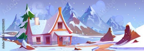 Cozy house near lake in winter mountain valley. Vector cartoon illustration of fir tree growing near rural cottage, porch covered with snow, smoke rising from chimney, snowflakes falling from sky