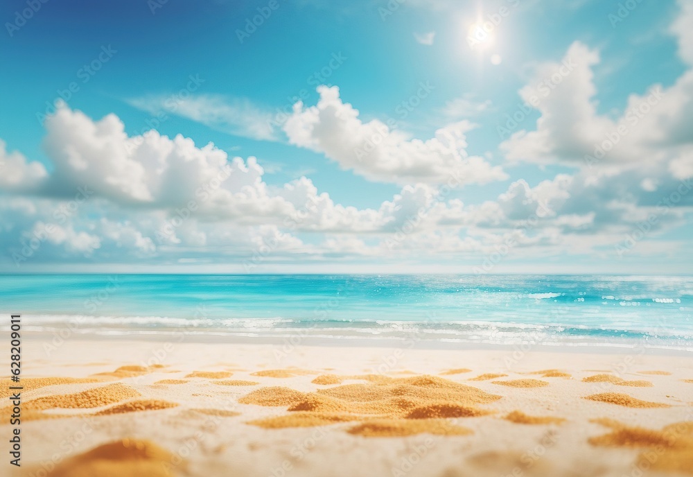 Abstract blur defocused background. Tropical summer beach with golden sand, turquoise ocean and blue sky with white clouds on bright sunny day