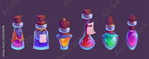 Cartoon set of elixir bottles isolated on black background. Vector illustration of corked glass jars with colorful liquid substance, love potion, magic medicine, toxic poison. Medieval lab assets