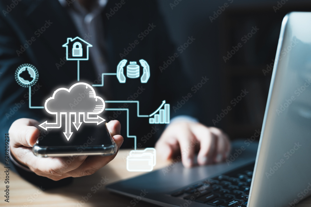 man holding icon cloud computing diagram show on hand. data storage.cloud technology.secure backup and consistency networking and internet service concept.implementing storage technology in business man holding icon cloud computing diagram show on hand. data storage.cloud technology.secure backup and consistency networking and internet service concept.implementing storage technology in business