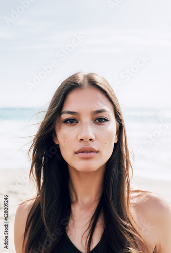 immagine ritratto primo piano di giovane donna, capelli lunghi castan scuro, sguardo verso l'osservatore, abbronzatura, sfondo con mare e spiaggia, giornata luminosa