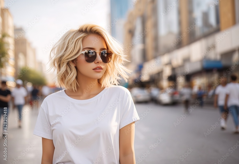 Blonde fashion woman wearing sunglass lifestyle photo white tshirt mockup, blurred street city on the background