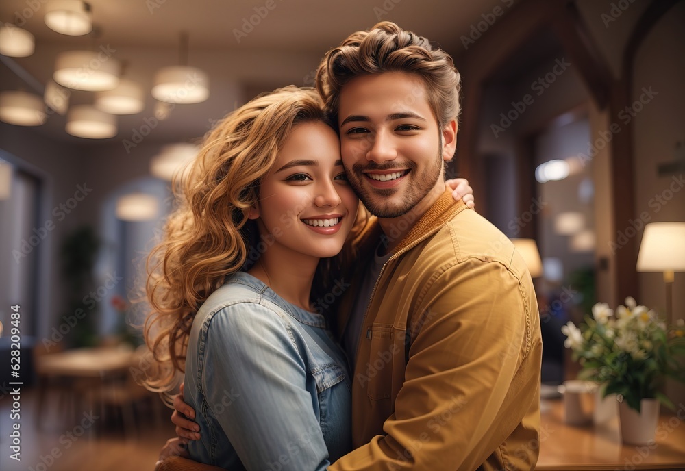 Couple hugging love each other with a smile indoors