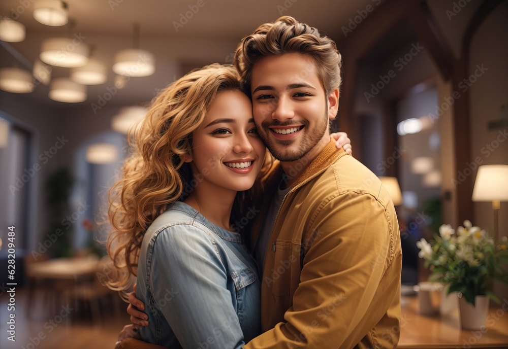 Couple hugging love each other with a smile indoors Couple hugging love each other with a smile indoors