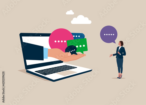 Computer and employee woman giving feedback speech bubble. Communication, employee survey or customer suggestion. 