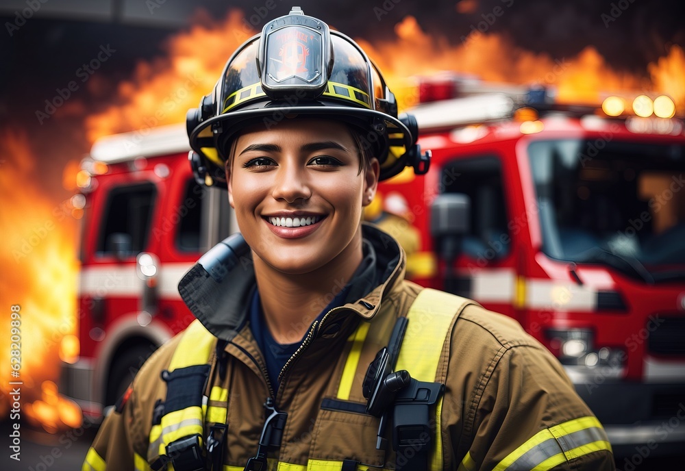Happy firefighter in the background is blurred truck Happy firefighter in the background is blurred truck