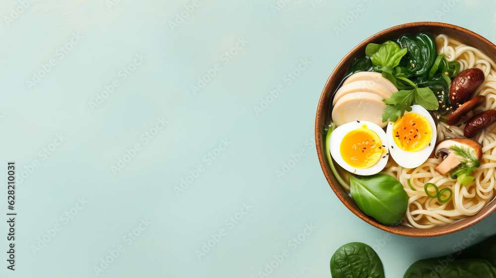 Ramen on blue background with copy space Ramen on blue background with copy space