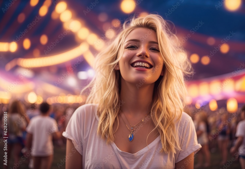 Happy young blonde woman having fun on a music festival Happy young blonde woman having fun on a music festival