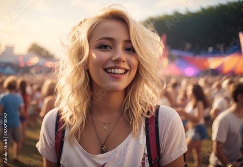 Happy young blonde woman having fun on a music festival