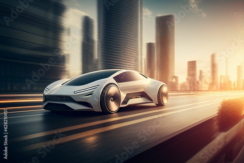 Electric sport car running on the morning road in future city Created with Generative AI technology.