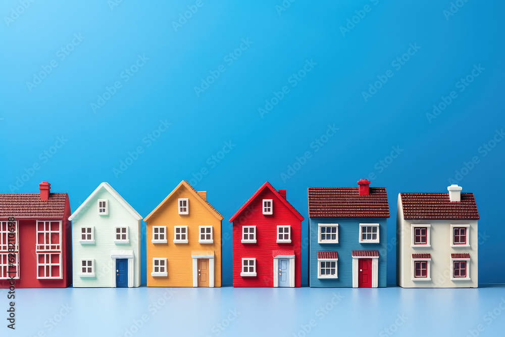 Miniature house models stand in a row isolated on a flat blue background with copy space. Cute dollhouses standing in a line, front view. 3d render illustration style. Miniature house models stand in a row isolated on a flat blue background with copy space. Cute dollhouses standing in a line, front view. 3d render illustration style.