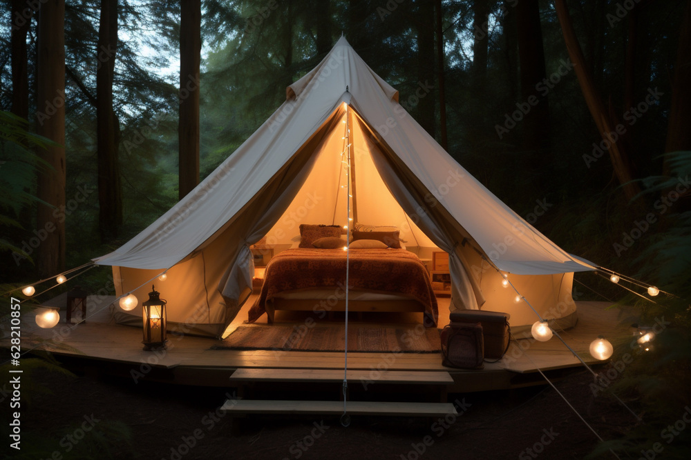 forest camping canvas travel glamping nature light vacation tent luxury. Generative AI.