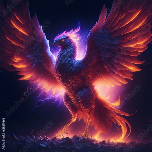 legendary phoenix looking at the camera in an epic pose with wings outstretched, behind a cosmic backdrop. photo