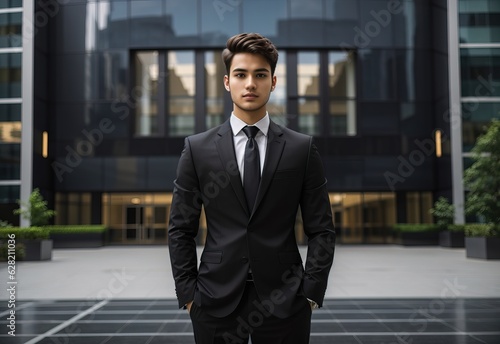 Young businessman Wearing black suit standing confident in front of the corporate building