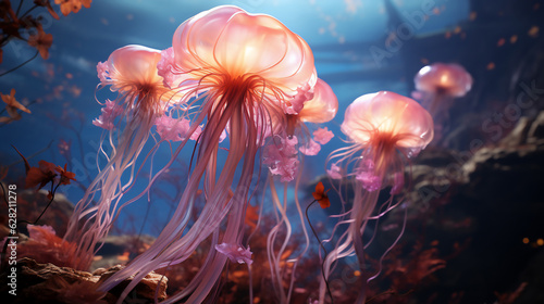 Jellyfishes with colorful tentacles under the sea, Generative AI. © Anchalee