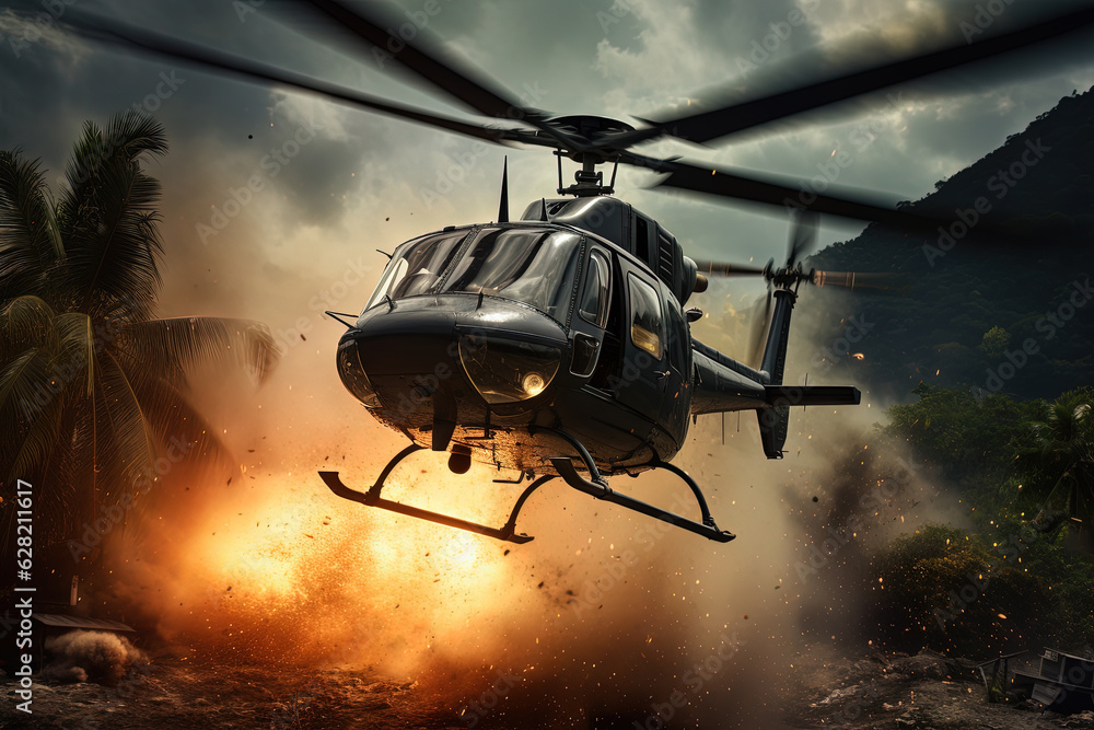 Action shot with helicopter hovering in the air over flame and explosions. Dynamic scene in action movie blockbuster style. Action shot with helicopter hovering in the air over flame and explosions. Dynamic scene in action movie blockbuster style.