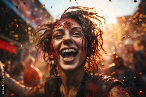 A group of friends celebrating together at La Tomatina