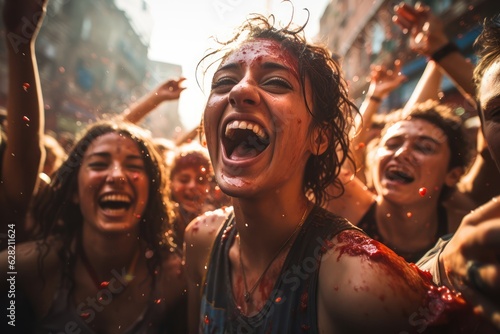 A group of friends celebrating together at La Tomatina photo