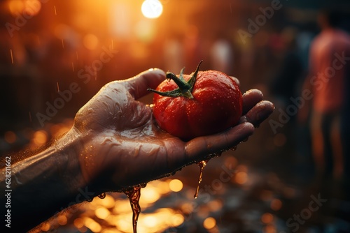 hand holding a tomatoes at la tomatina festival - close up photo
