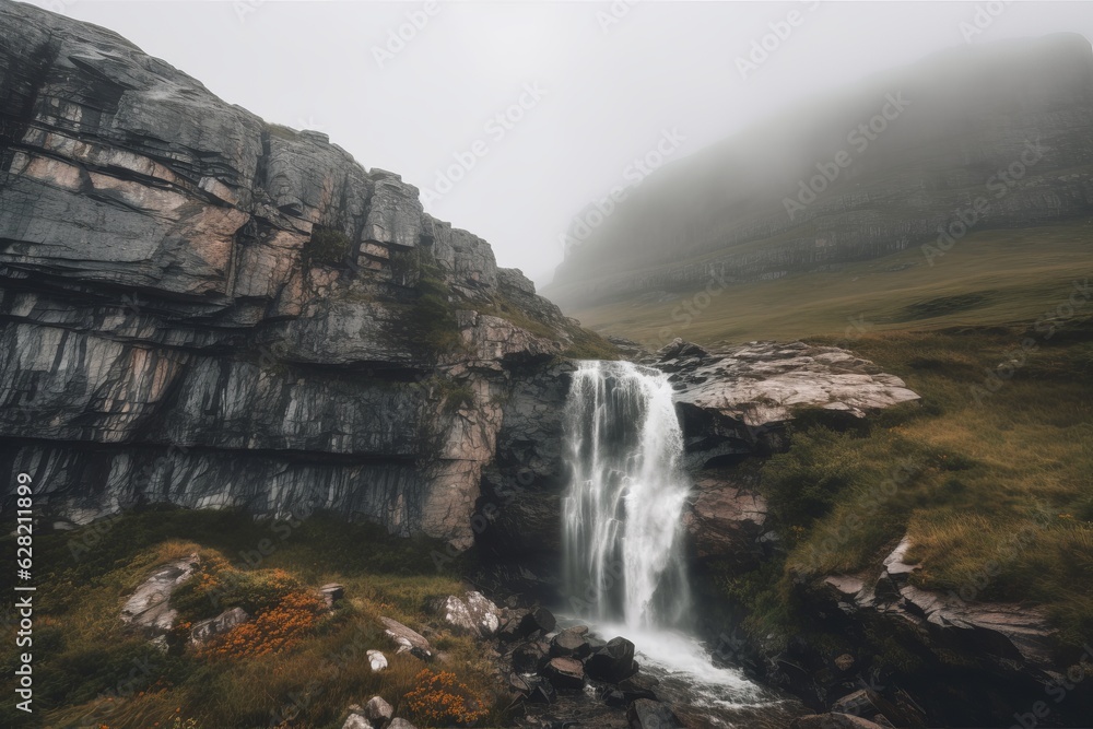 Obraz premium Illustration of a stunning waterfall surrounded by rocky terrain, created using generative AI