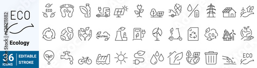 Ecology linear icon collection real estate. Carbon footprint, CO2 neutral, net zero, sustainable development. Editable stroke. Vector illustration photo