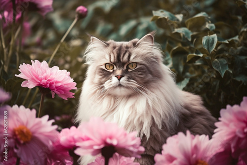 Beautiful cat with long fur between pink flowers.  photo