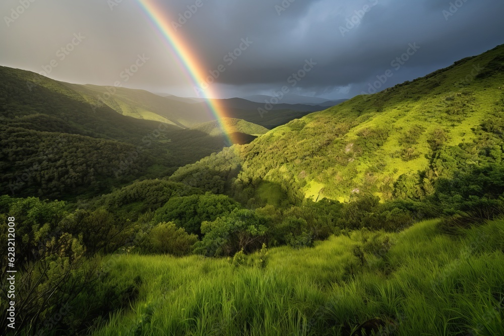 Illustration of a vibrant rainbow stretching across a lush green valley under a clear blue sky, created using generative AI