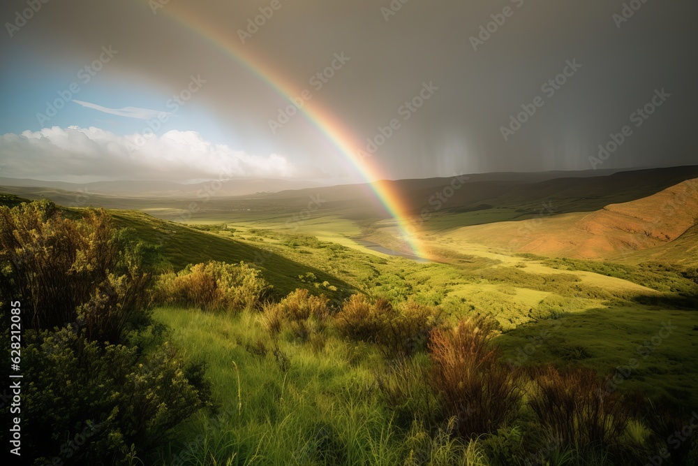 Illustration of Two vibrant rainbows stretching across the sky above a lush green valley, created using generative AI