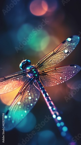 Beautiful colorful dragonfly on rainbow bokeh background Created with Generative AI technology.