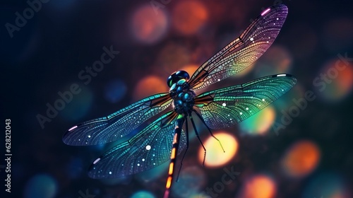 Beautiful colorful dragonfly on rainbow bokeh background Created with Generative AI technology. © Sakrapee Nopparat
