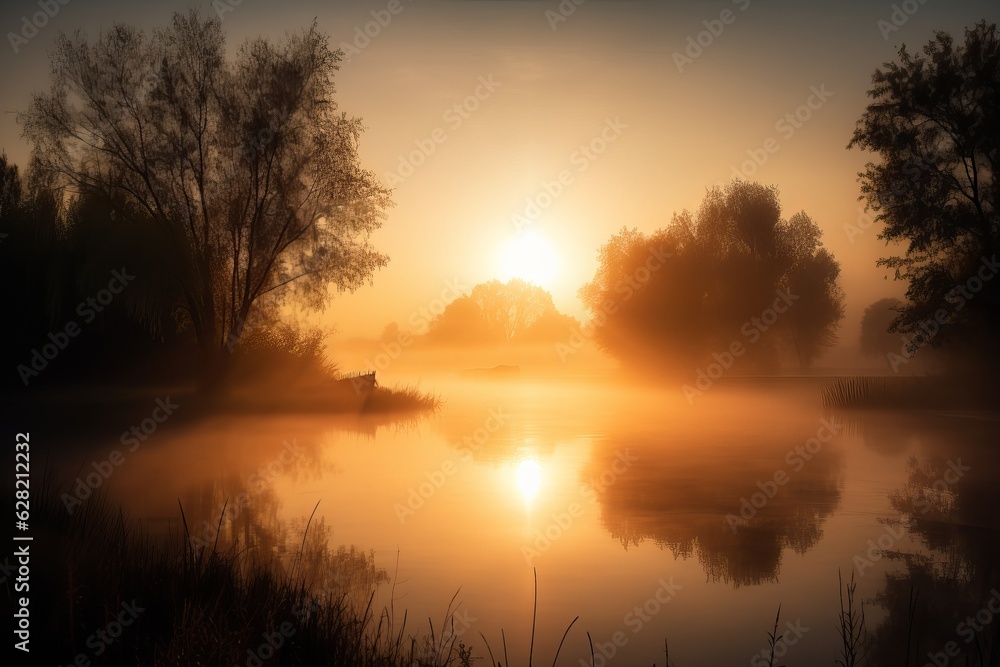 Obraz premium Illustration of a peaceful sunset over a serene lake with silhouetted trees in the background, created using generative AI